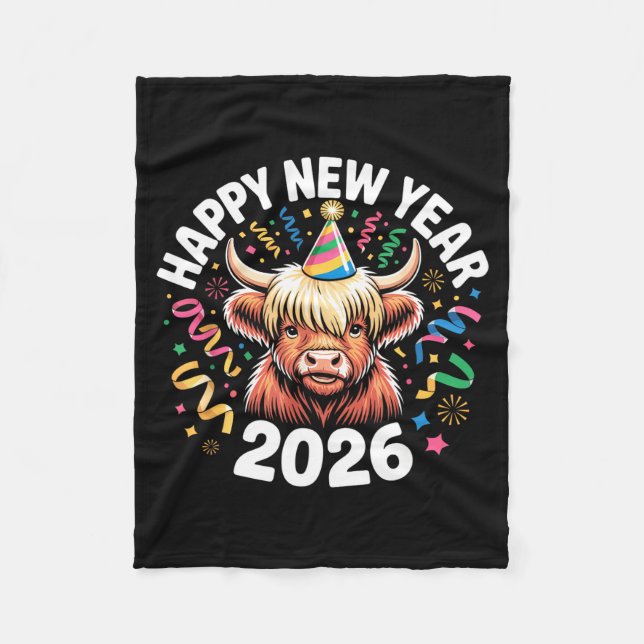 Cobertor De Velo Happy New Year 2026 Highland Cow &amp; Party Hat N (Frente)