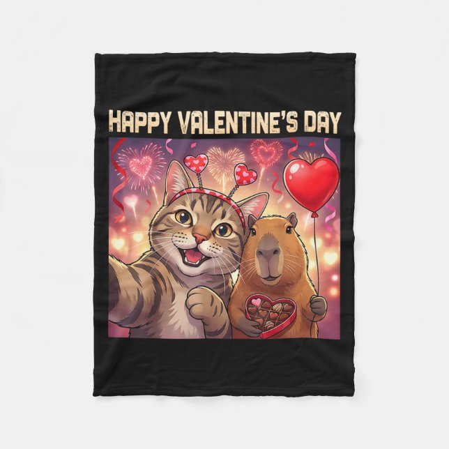 Cobertor De Velo Happy Valentines 2026 Cute Cat Capybara Party Art  (Frente)