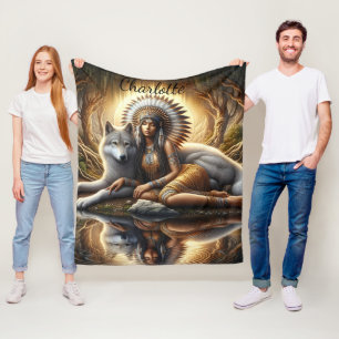 Cobertor De Velo Harmonia do espírito nativo com um lobo ao anoitec