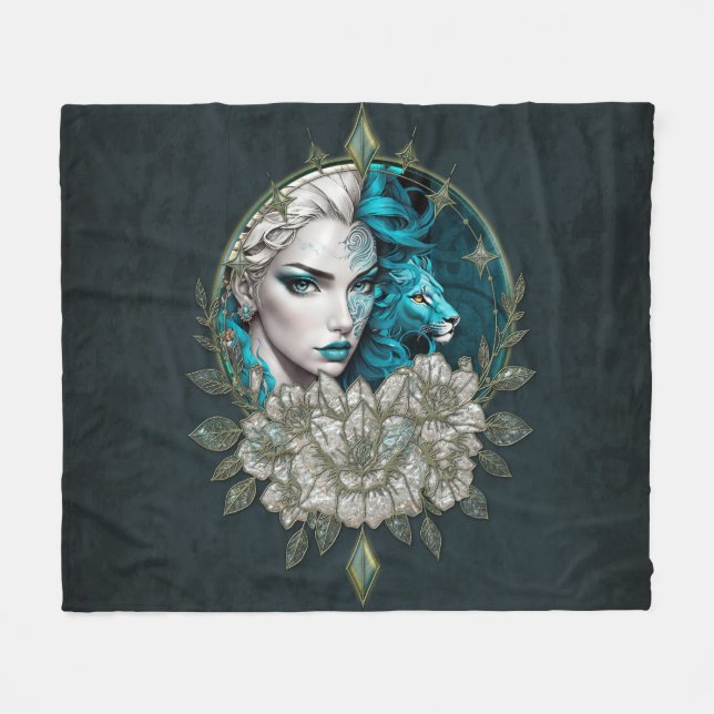 Cobertor De Velo Harmonia dos elementos, a mulher com leão. (Frente (Horizontal))
