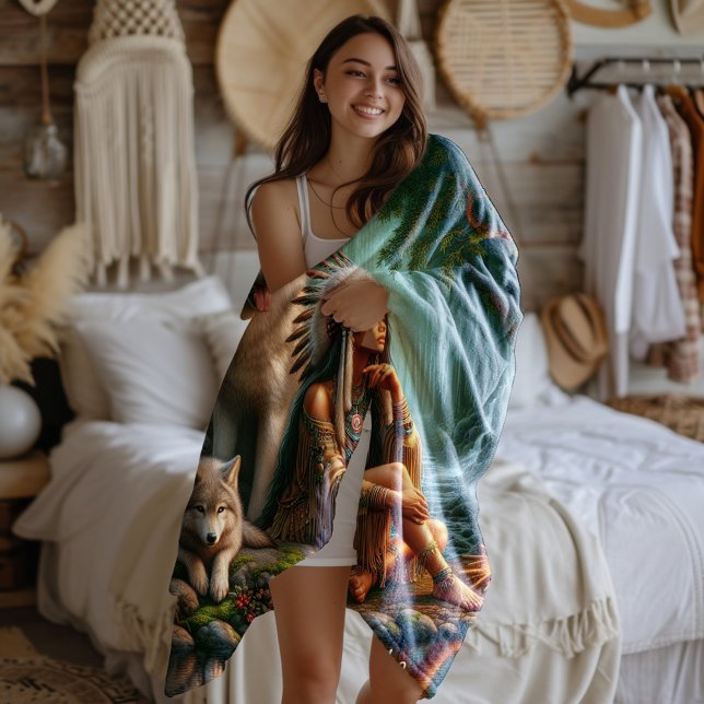 Cobertor De Velo Harmonia entre índio nativo e lobo na natureza (Criador carregado)