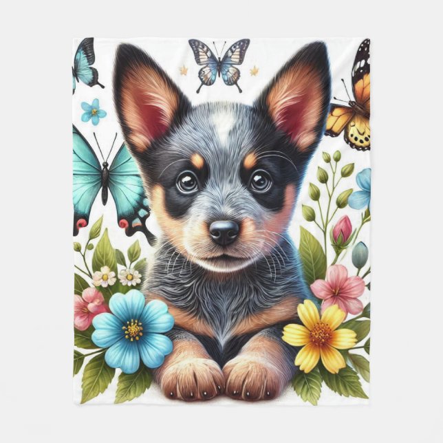 Cobertor De Velo Heeler Puppy com borboletas e flores (Frente)