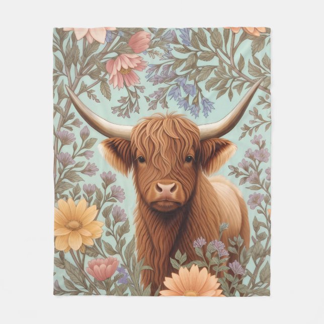 Cobertor De Velo Highland Cow Pastel William Morris Inspired Floral (Frente)