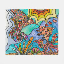 Hummingbird Goldfish Reflexão Art Fleece Blanket