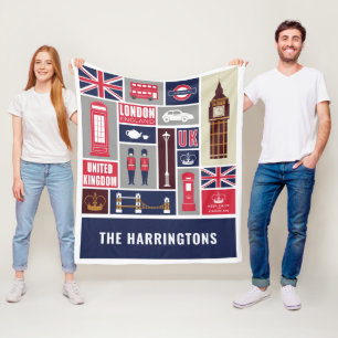 Cobertor De Velo Ícones do Reino Unido de Londres com nome personal