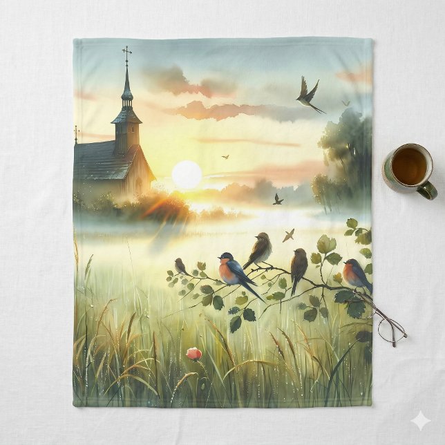 Cobertor De Velo Igreja do Sol Nascente com Pássaros em Prado Nebul (Sunrise Church with Birds in Misty Meadow No Verse Fleece Blanket With Morning Coffee)