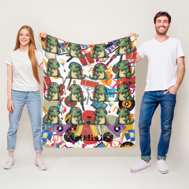 Cobertor De Velo Iguana ouvindo Impressão de música (In Situ)