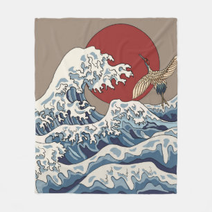 Cobertor De Velo Ilustração de grua e onda japonesa tradicional C