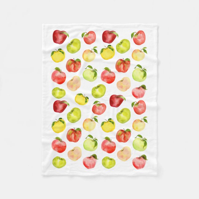 Cobertor De Velo Ilustração verde de maçã vermelha aquarela outono (Frente)
