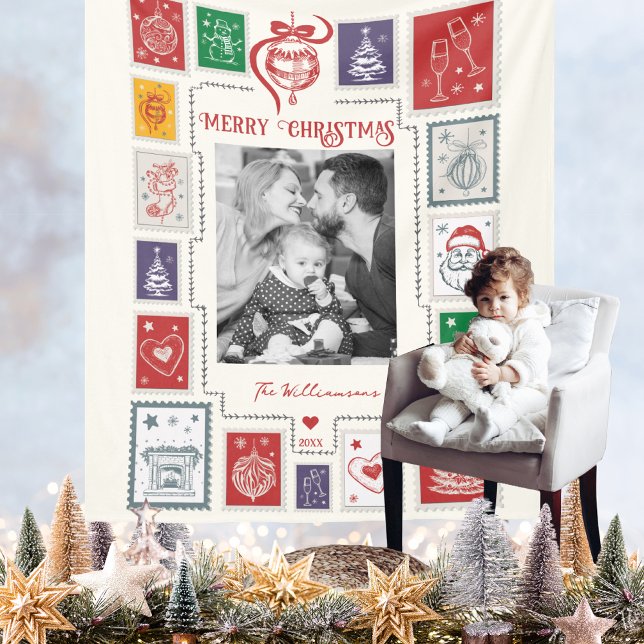 Cobertor De Velo Imagem de Natal do Carimbo Retro Whimsical (Whimsical Retro Stamp Christmas Photo Fleece Blanket Holiday Season Gift Decor Baby's Room Nursery)