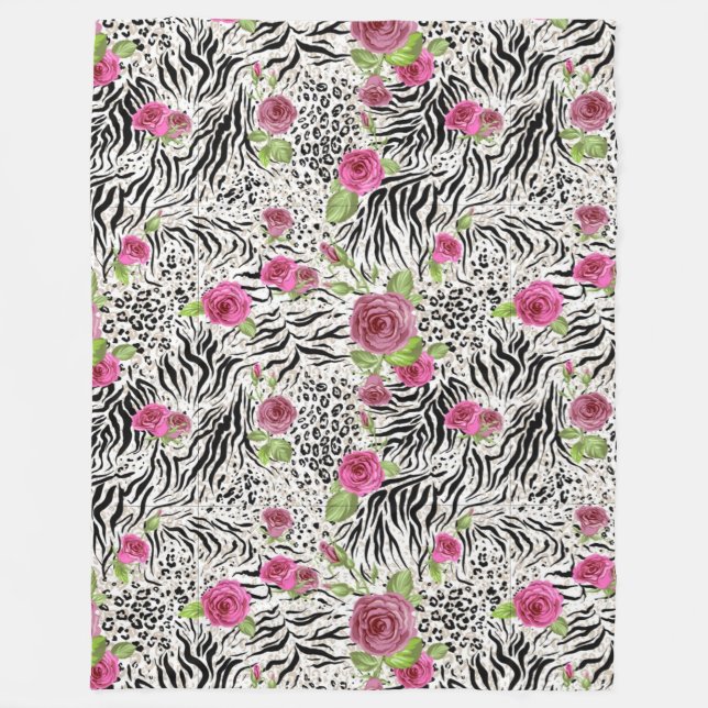 Cobertor De Velo Impressão De Pele Animal E Rosas (Frente)