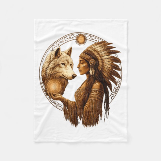 Cobertor De Velo Indian Native American Woman With White Wolf Vinta (Frente)