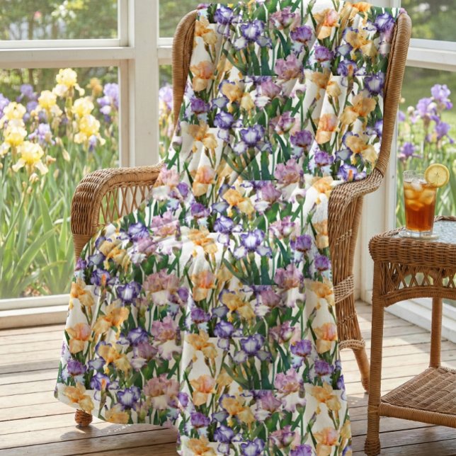 Cobertor De Velo Irises in Yellow Purple on White Floral   (Sunroom serenity: iris garden view, floral blanket, wicker charm, iced tea, nature-inspired retreat.)