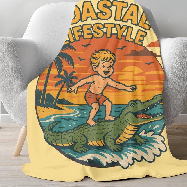 Cobertor De Velo Jacaré Costeiro Surfando | Praia de Surf Retro (Criador carregado)