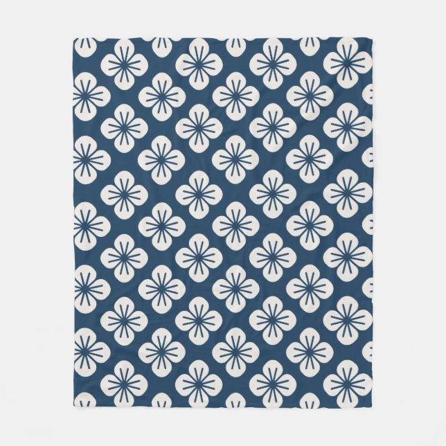 Cobertor De Velo Japanese Navy Blue Ivory Floral Geometric Pattern (Frente)