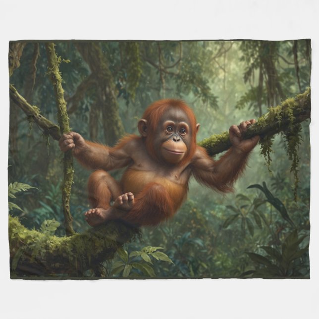 Cobertor De Velo Jovem Orangutan em uma Floresta Chuva (Frente (Horizontal))