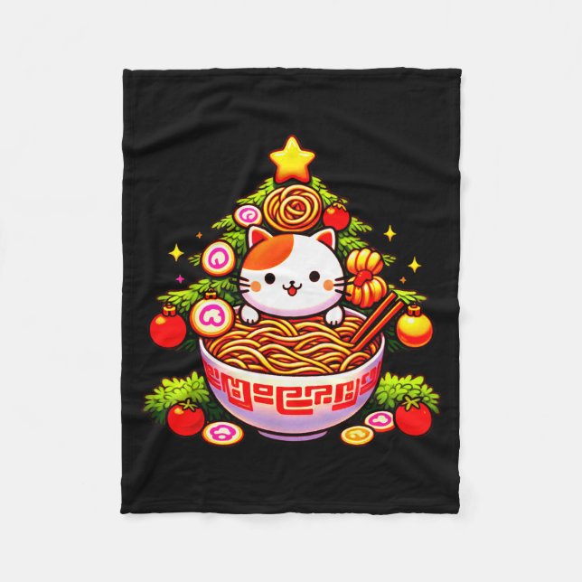Cobertor De Velo Kawaii Christmas Cat Ramen Christmas Tree Holiday  (Frente)