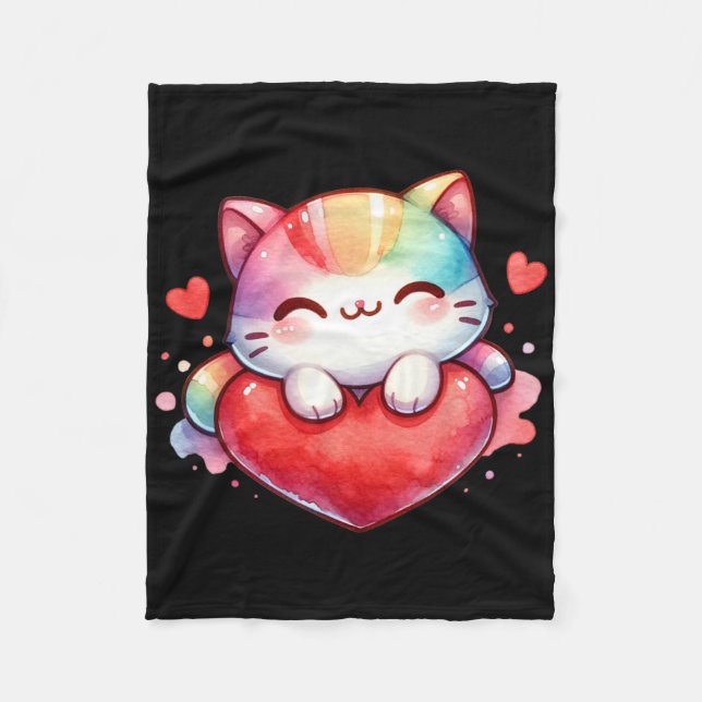 Cobertor De Velo Kawaii Rainbow Cute Cat Hugging Heart Kitty Love C (Frente)