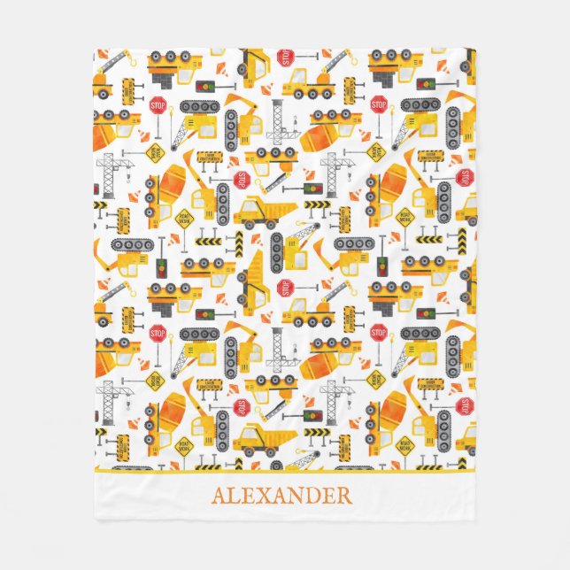 Cobertor De Velo Kids Watercolor Construction Vehicle Personalizado (Frente)