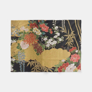 Cobertor De Velo Kimono Floral Japonês Tradicional Preto e Dourado