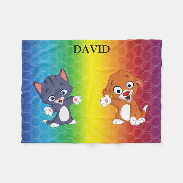 Cobertor De Velo Kitten e Puppy Rainbow Fleece Blanket. (Frente (Horizontal))