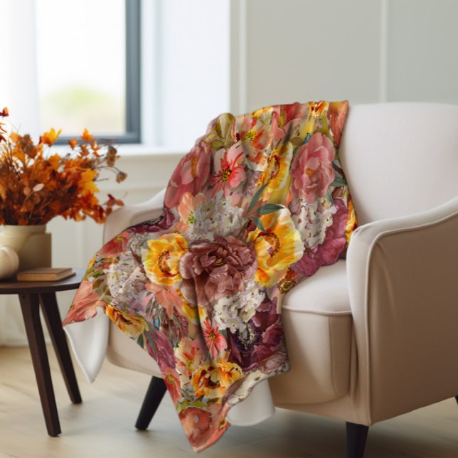 Cobertor De Velo Laranja Borgonha outono Queda Aquarela Floral (Orange and rust autumn floral fleece blanket)