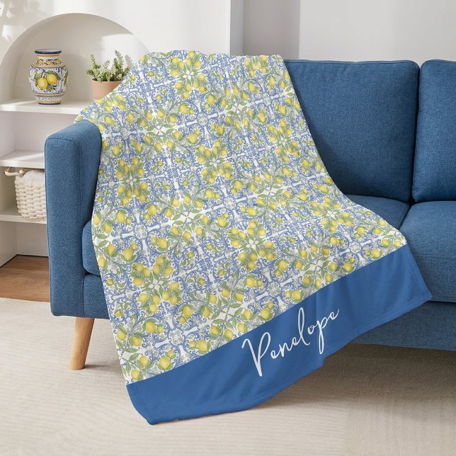 Cobertor De Velo Lemon Citrus Blue Mediterranean Tile Pattern (Lemon Citrus Blue Mediterranean Tile Pattern Fleece Blanket)