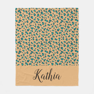 Cobertor De Velo Leopard Animal Print Teal Tan Personalizado