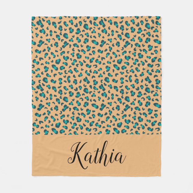 Cobertor De Velo Leopard Animal Print Teal Tan Personalizado (Frente)