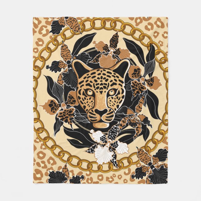 Cobertor De Velo leopard's head surrounded by orchids, gold chain a (Frente)