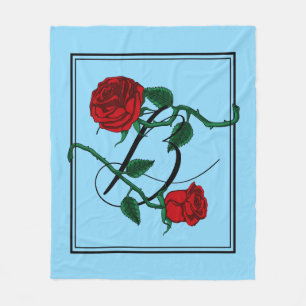 Cobertor De Velo Letra B Monograma com Rosas Vermelhas Bebê Azul