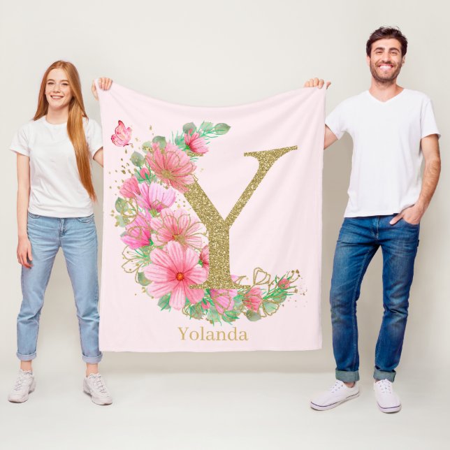 Cobertor De Velo Letra Y Monograma Floral e Dourada de Aquarela (In Situ)