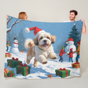 Cobertor De Velo Lhasa Apso Correndo na Neve com Chapéu de Natal
