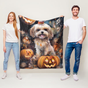 Cobertor De Velo Lhasa Apso de Halloween com Abóboras Assustador