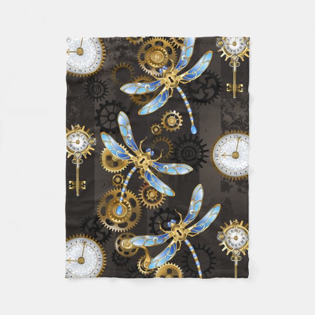 Cobertor De Velo Libélulas Steampunk em fundo listrado marrom (Frente)