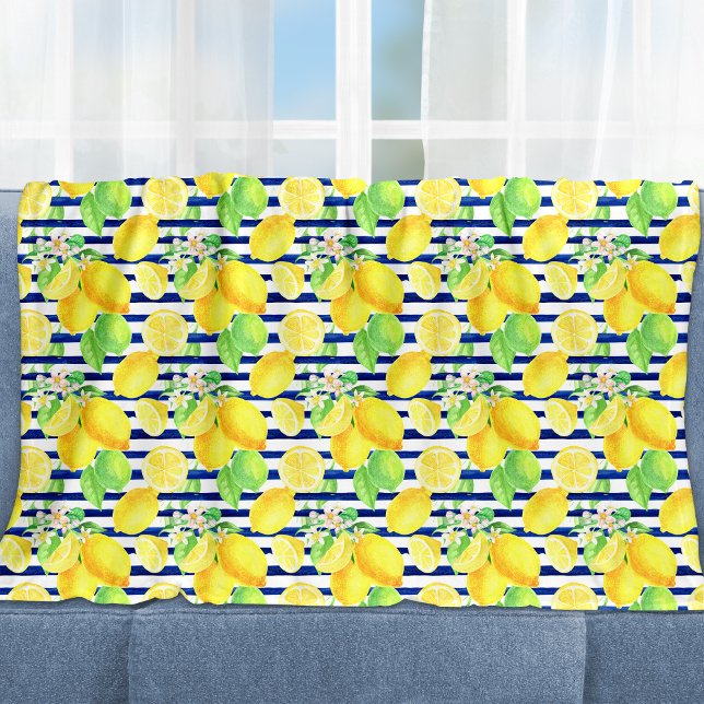 Cobertor De Velo Limões bonito de Aquarela em Stripes Azuis (Criador carregado)