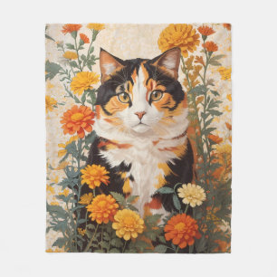 Cobertor De Velo Linda Gato Calico Com Flores Marigold