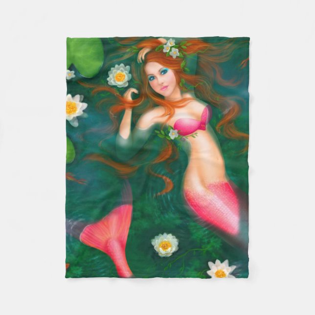 Cobertor De Velo Linda Sereia Fantasia Vermelha no lago (Frente)