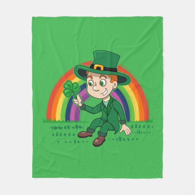Cobertor De Velo Lindo duende de desenho animado com trevo e arco-í (Frente)