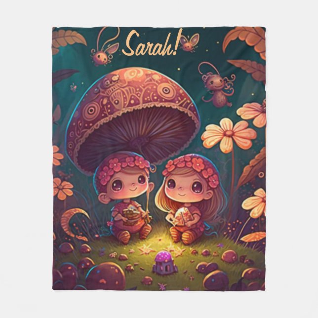 Cobertor De Velo Lindos elfos brincam sob cogumelos (Frente)