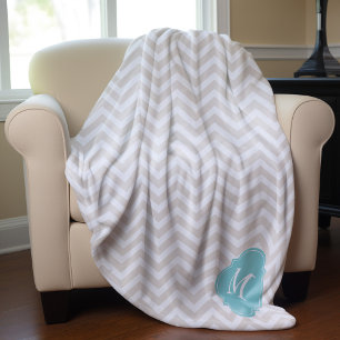 Cobertor De Velo Linen Beige e Mint Zigzag Padrão Monograma