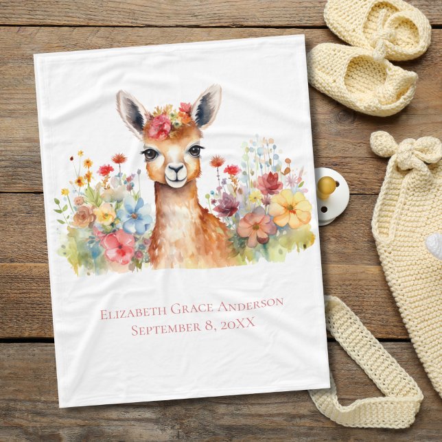 Cobertor De Velo Llama personalizado flores silvestres Aquarela Beb (Llama Floral Watercolor Baby Blanket, with personalized name and birthday. Baby shower gift)