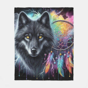 Cobertor De Velo Lobo Negro com um Apanhador de Sonhos