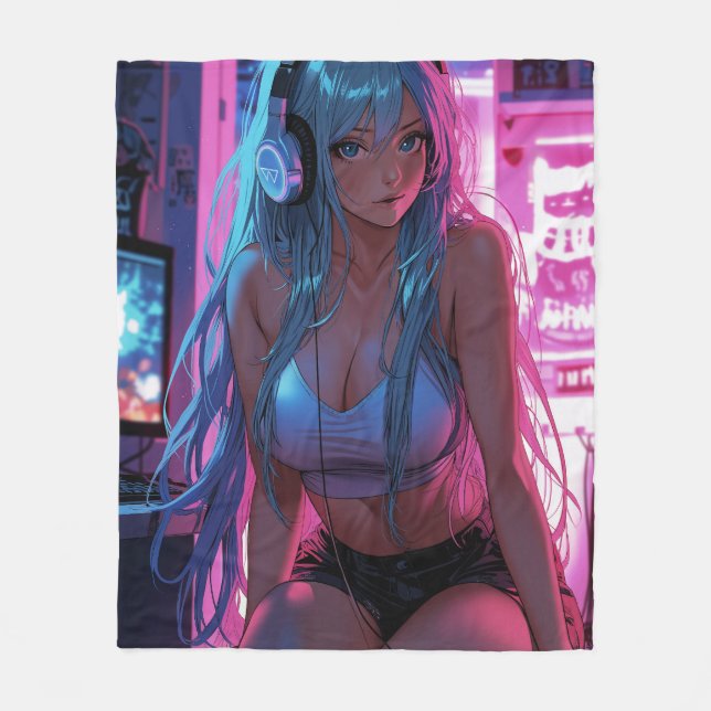 Cobertor De Velo Lofi Gamer Girl | Estética de animação de calha (Frente)