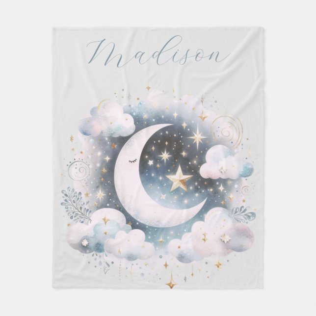 Cobertor De Velo Lua Crescente Azul e Branco Celestial Boho Moderno (Frente)