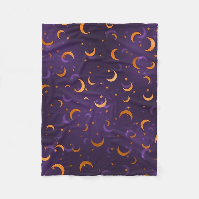 Cobertor De Velo Lua roxa e dourada com estrelas no Halloween celes (Frente)