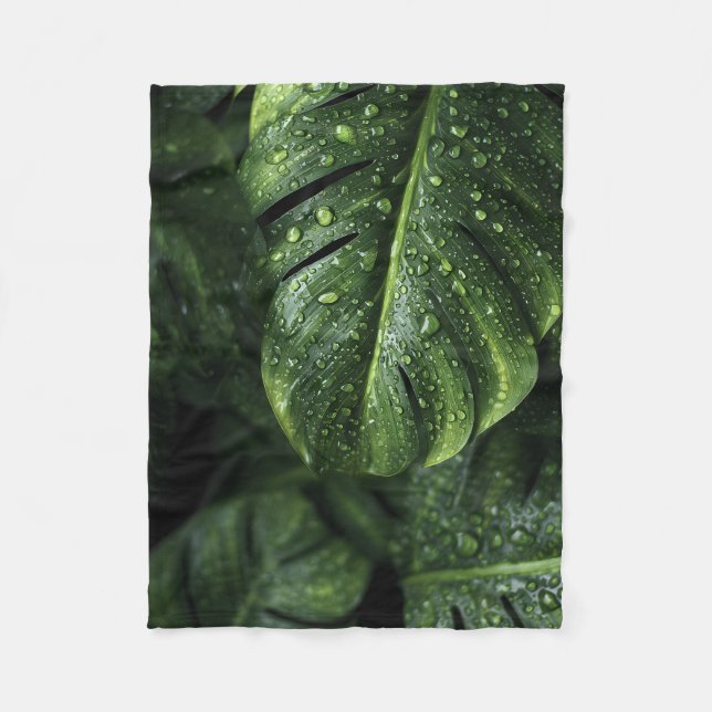 Cobertor De Velo Lush Monstera Leaves with Morning Dew Drops (Frente)