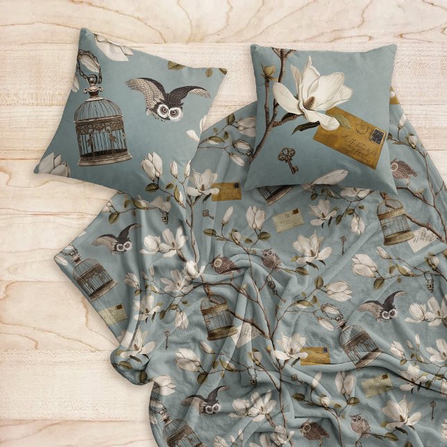 Cobertor De Velo Magnolia Grove with Owls in Duck egg blue (Criador carregado)