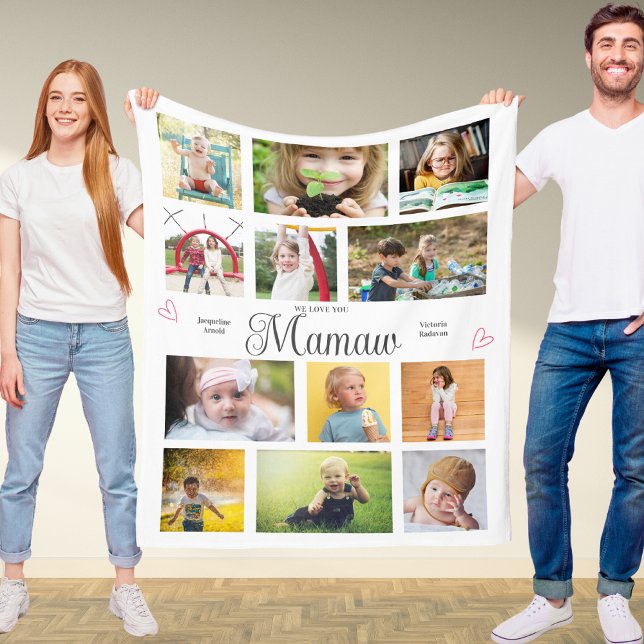 Cobertor De Velo Mamaw, Nós Te Amamos Corações Personalizados Moder (Mamaw custom fleece blanket with 12 of your own photos and personalized text.)