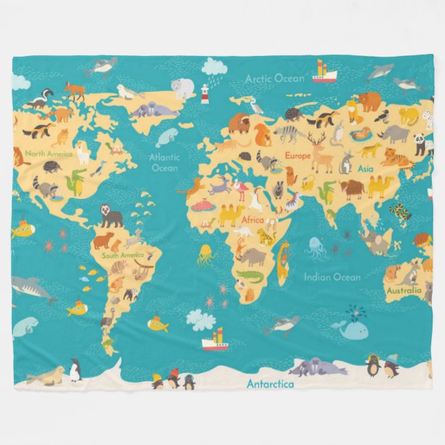 Cobertor De Velo Mapa animal do mundo para miúdos (Frente (Horizontal))